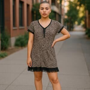 Leopard Print Lace Trim Mini Dress Sz L Sexy Slip Style Y2K Party Clubwear